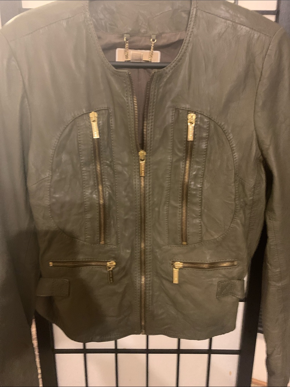 Michael Kors Olive Green Leather Zip Jacket with Gold Hardware - Picture 5 of 5